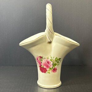 Vintage Formalities Porcelain Handle Basket Vase Roses w/Gold Trim By Baum Bros